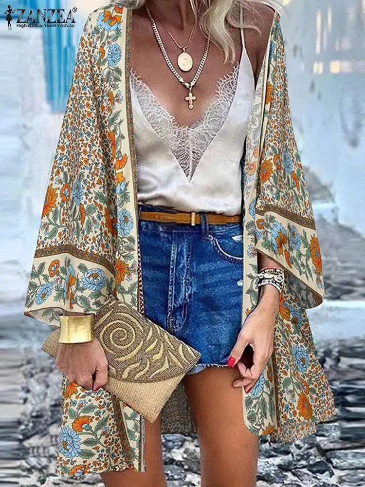 Summer Beach Cardigan Vintage Holiday Shirt ZANZEA Bohemian Women Floral Printed Long Sleeve Blouse Kimono Tops Open Up Cover 240821