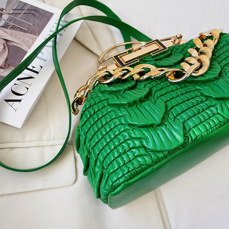 Luxury Womens Pink Green Folded Shoulder Bag Gold Thick Chain Messenger PU Leather Handbag Evening Clutch 240822