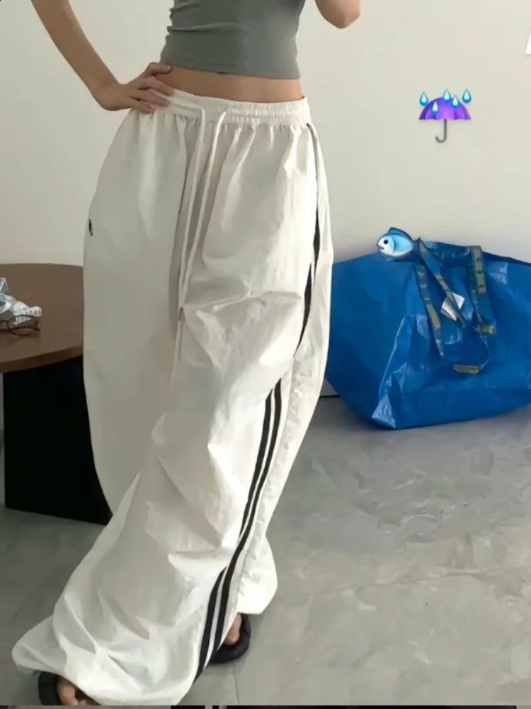 QWEEK Y2K Harajuku Vintage Striped Pants Women Loose Embroidery Wide Leg Casual High Waist Kpop Fashion Sweatpants 240821