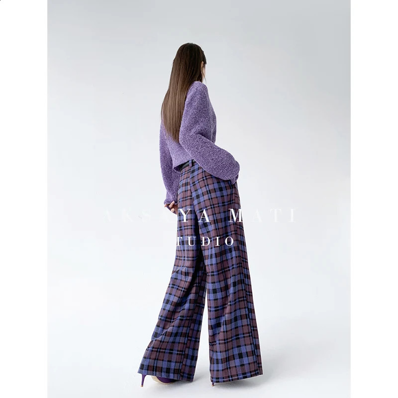Purple Plaid Pants For Women Casual Korean Fashion High Waist Wide Leg Y2k Streetwear Vintage Loose School Trousers Summer 240821