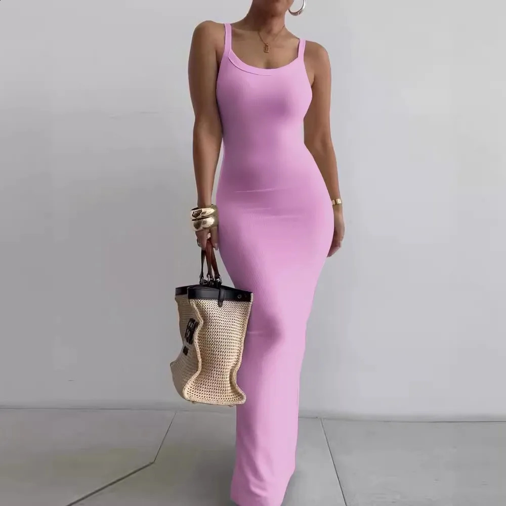 Womens Bodycon Maxi Dress Summer Sleeveless Long Dress For Beach Holiday Vacation Robes Femmes Solid Color Slim Fit Dresses 240822