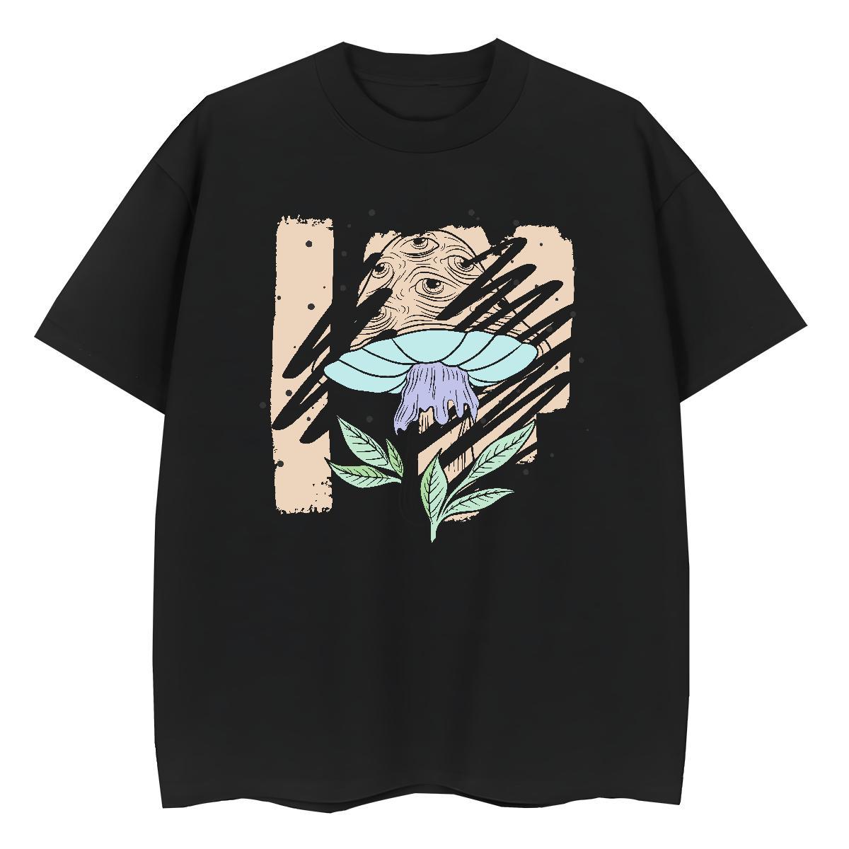 2024 Casual T Shirts Women Breathable Short Sleeve 230g 100% Cotton Tshirt for Man Woman Black Oversized mushroom Street Wear Female Tshirts