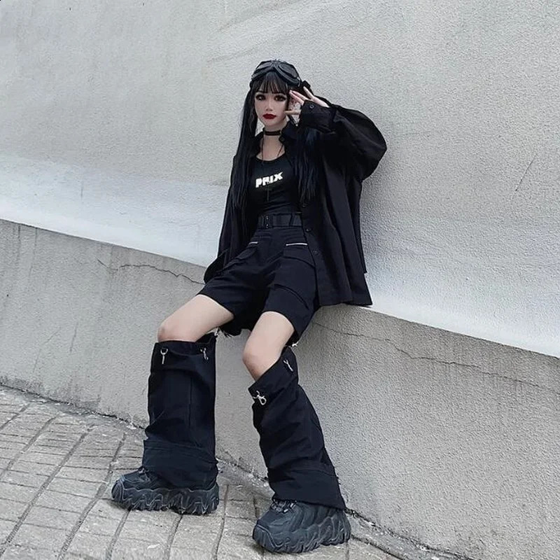 Black Pants Women Full-length Straight Wide Legs Cargo Hip Hop Holes Korean Fashion Baggy Y2k Zipper Pockets Patchwork Stylish 240821