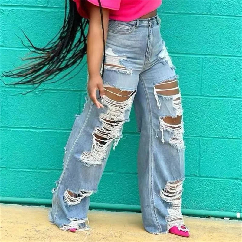 Fashion Front Back Large Holes Straight Jeans Female Casual High Waist Denim Pants Women Sexy Trend Streetwear Loose Trousers 24 240821