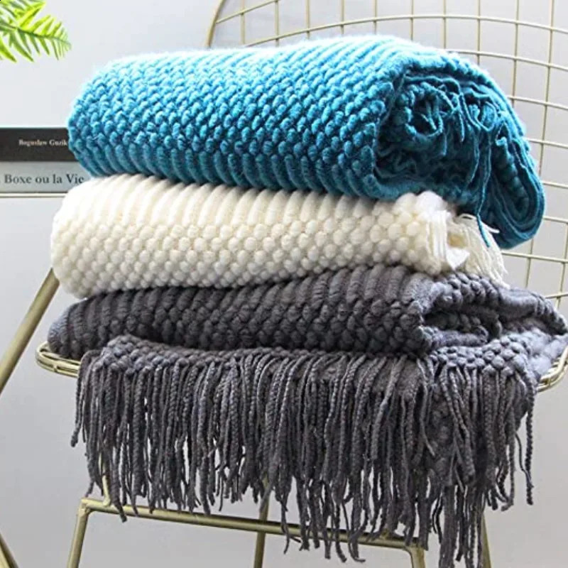 Teal Knitted Decorative Throw Blankets for Couch Bedroom and Officeroom Textured Soft Warm Gift Big Knit Blanket with Tassel 240821