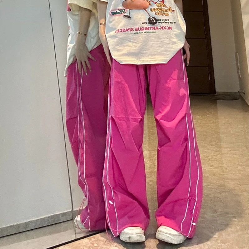 Pink Y2K Track Pants Women Harajuku Quick Dry Sports Trousers Streetwear Hip Hop Wide Leg Sweatpants Female Casual Oversized 240821