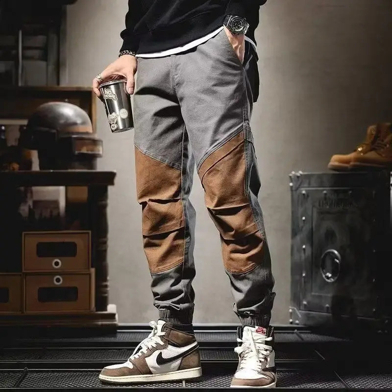 Mens elastic waist button zipper with spring and autumn patches solid color pockets pleats loose matching casual workwear pants 240821