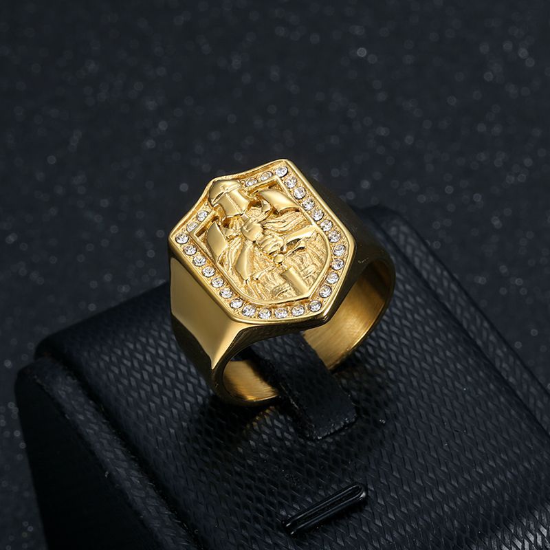 Vintage Casting Knights Templar Ring 316L Stainless Steel Gold Plated with Zircon Jewelry