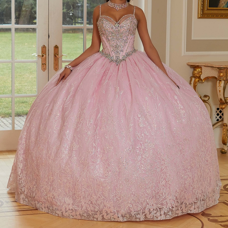 Pink Shiny Spaghetti Strap Princess Quinceanera Dresses Ball Gown Classic Sequin Beads Crystal Tull Sweet 16 Dress Vestidos 15 De