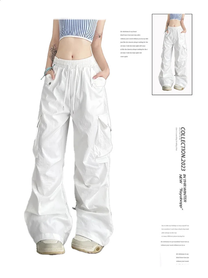 Womens White Baggy Cargo Pants Streetwear Harajuku Japanese 2000s Style Pants Y2k Parachute Pants Vintage Trousers Clothes 240821