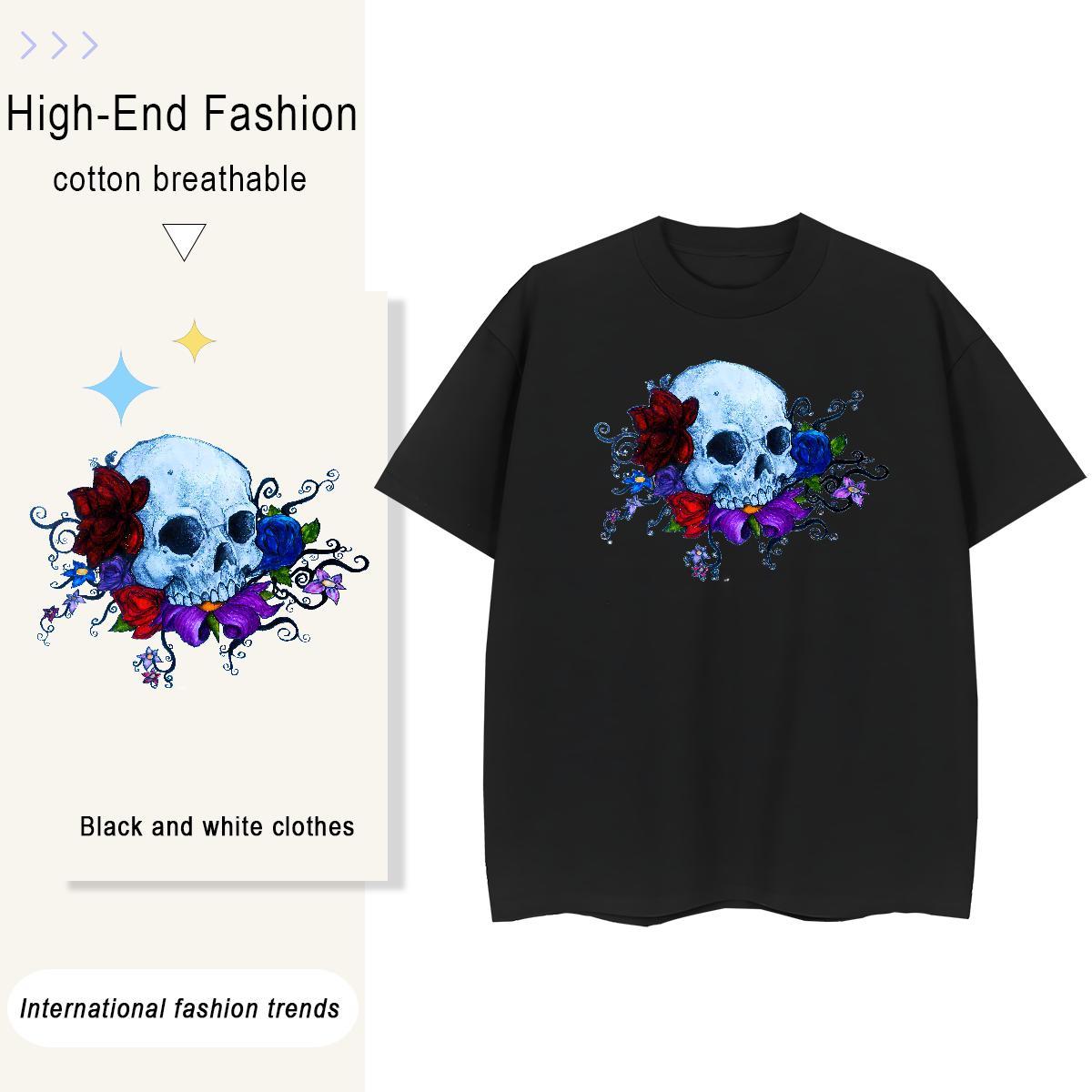 New Arrival Women T Shirts 230g Cotton Round Neck Short Sleeve Hip Hop Street rose Tshirt for Man Woman Loose fit DIY Anime Printed Tops Tees