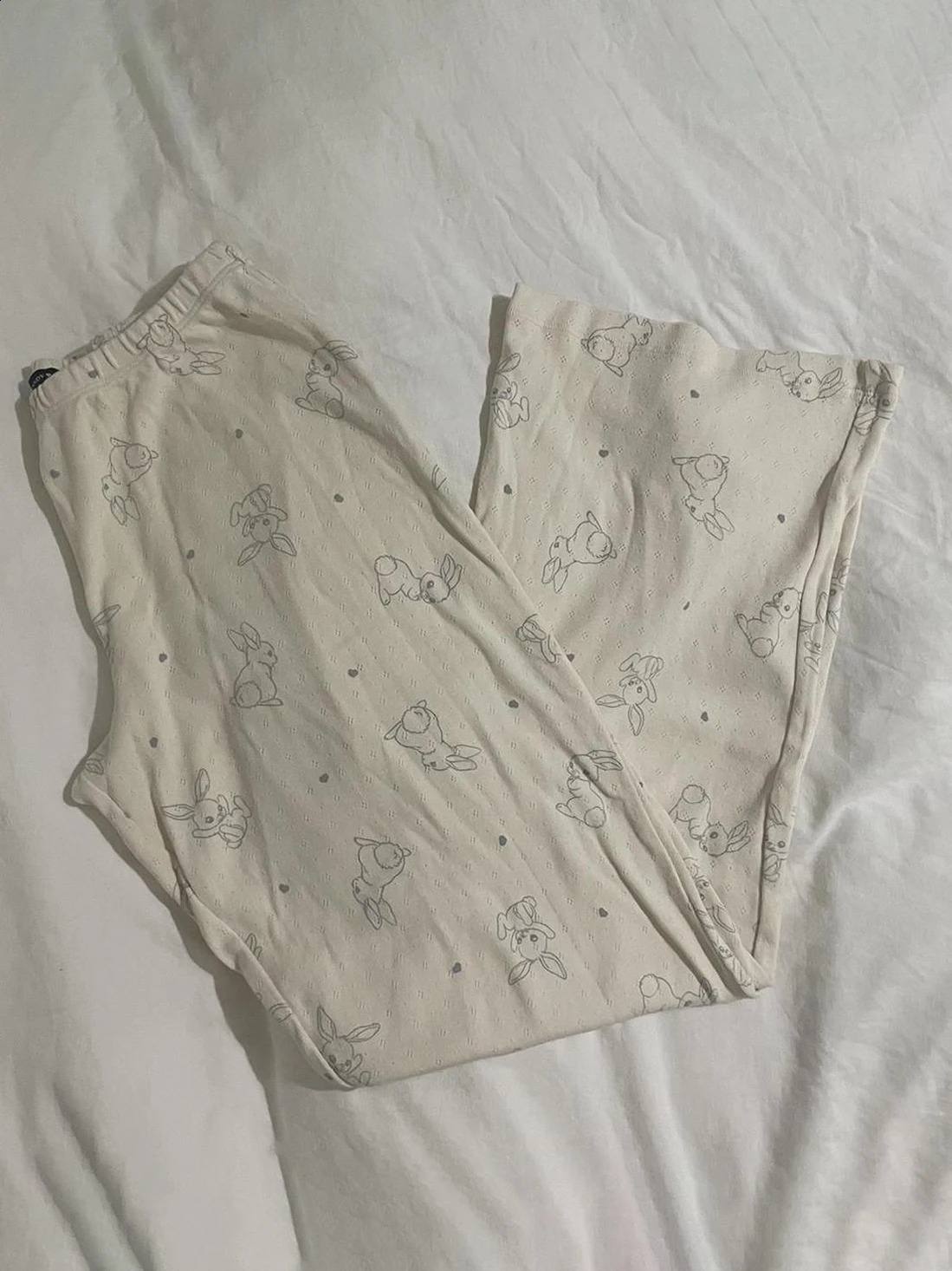Rabbit Eyelet Beige Pajama Long Pants Woman Summer High Waist Soft Cotton Straight Trousers Sweet Cute Casual Home Pant Y2k 240821