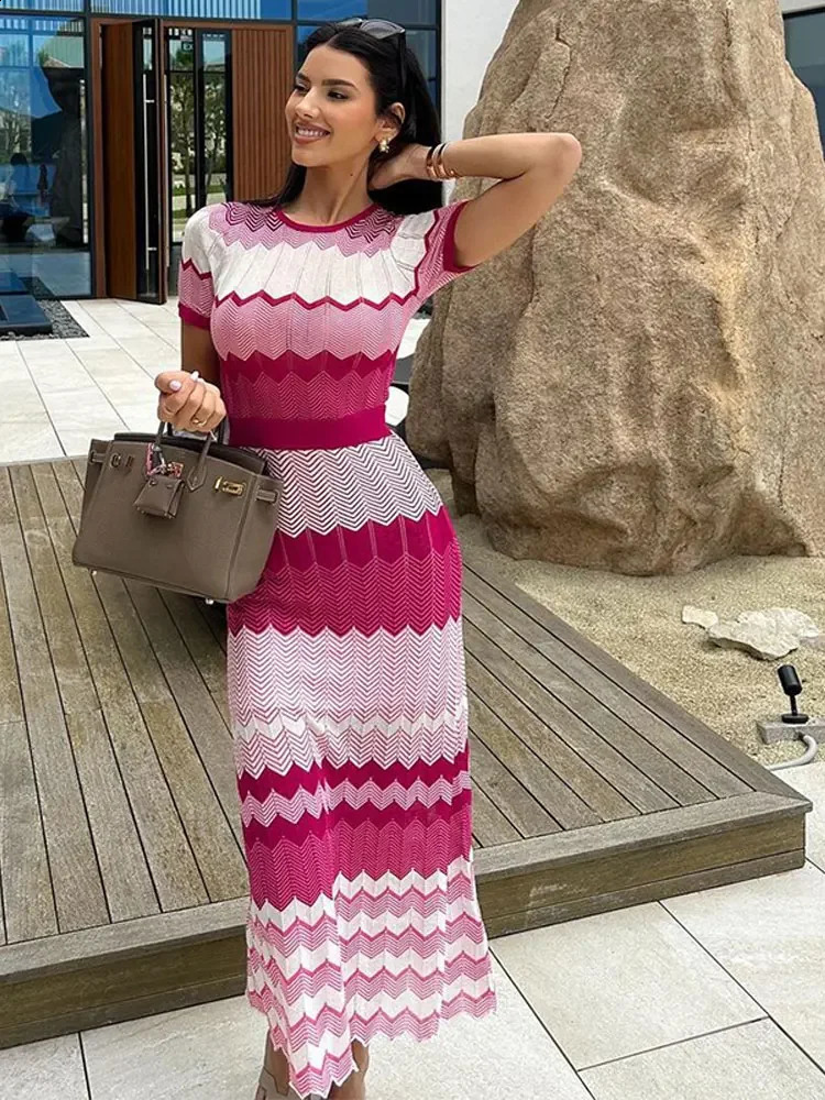 Fashion Round Neck Short Sleeve Dresses Women Contrast Knitted Slim Maxi Dress Autumn Elegant Lady Vacation Street Vestido 240822
