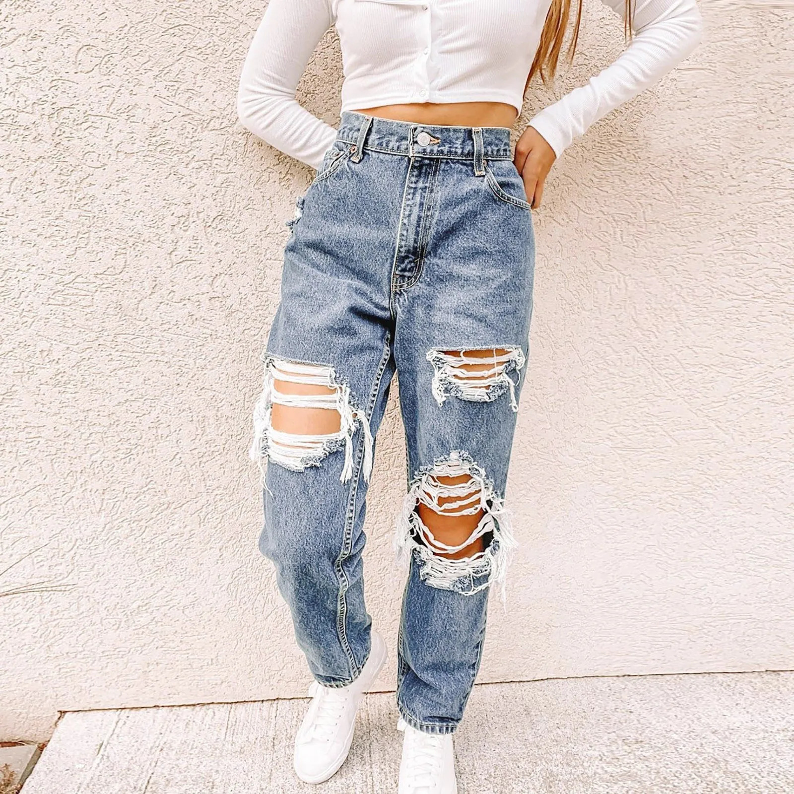 Dance Pants Large Denim Jeans Fashion Elastic Women Pocket High Baggy Waisted Ripped Jeans Workout Pants Ropa De Mujer 240821
