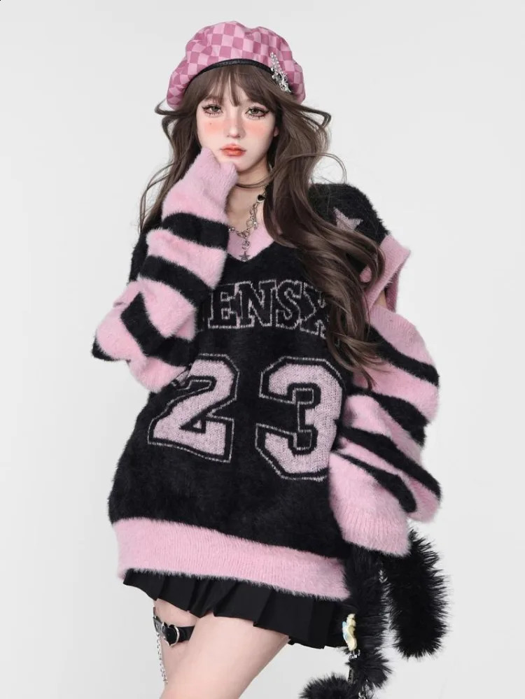 Sweet Cool Letter Peinr Vneck Black Pink Top Womens Y2k EGirl Hollow Long Sleeve Pulling Flower Medium length Loose Sweater Unprinted Good Product 240