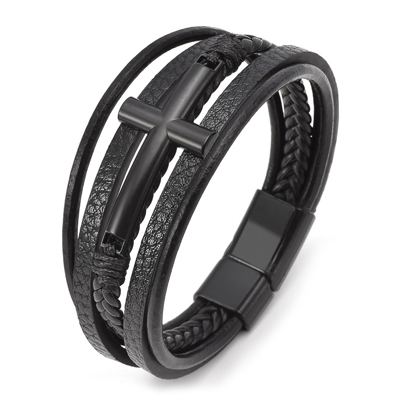 New Cross Leather Bracelet Men's Multi layer Leather Rope Weaving Bracelet Men's Alloy Bracelet