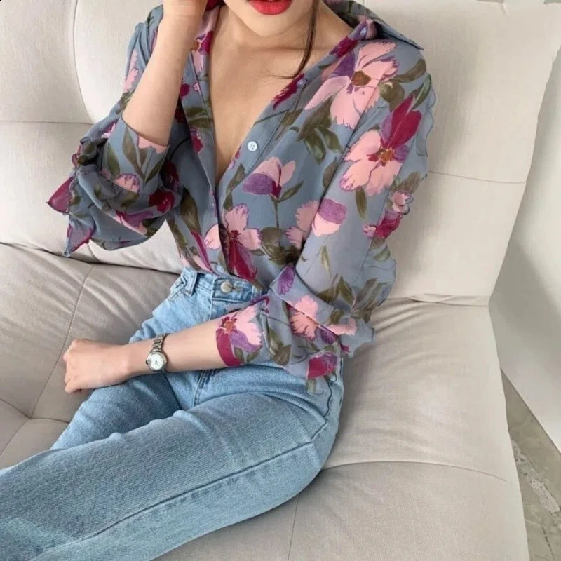 Womens warm thin printed shirt long sleeved polo neck summer loose floral top elegant and 240822