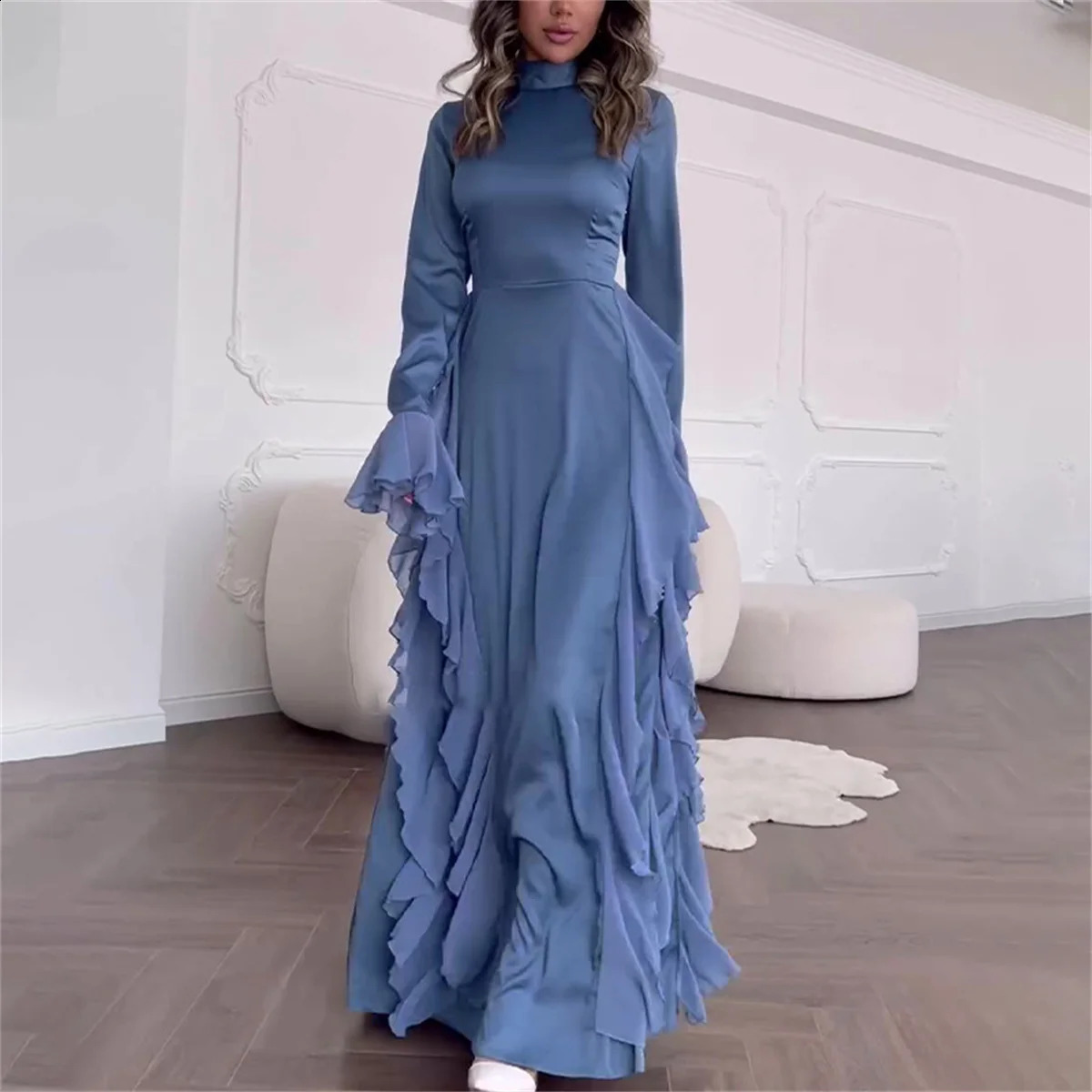 Womens O Neck Long Dresses Fashion Stringy Selvedge Flared Long Sleeve Dress White High Waist Dinner Gown Autumn Party Vestidos 240813