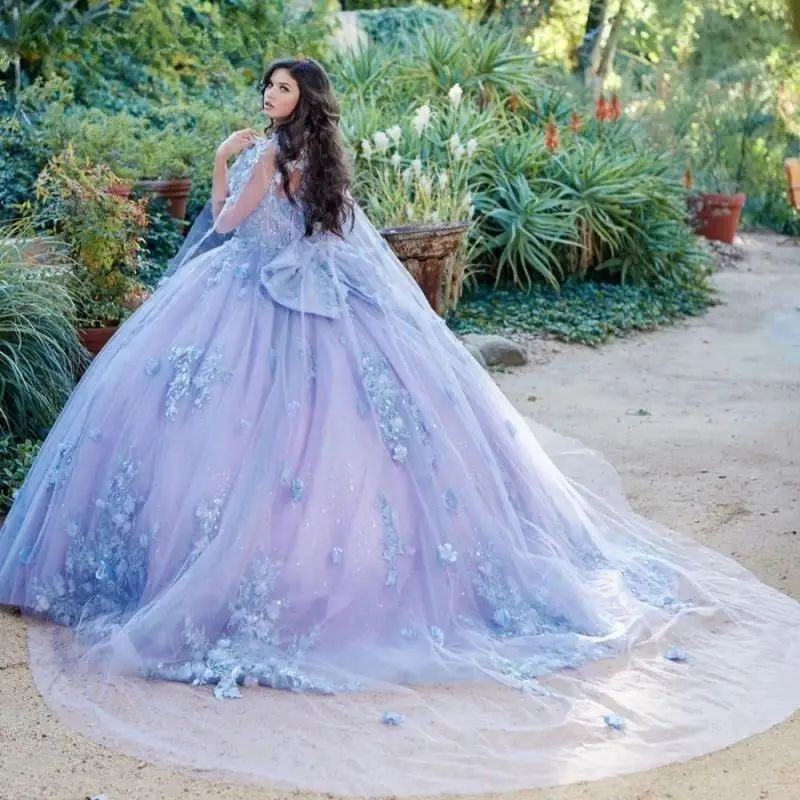 Lavender Off The Shoulder Quinceanera Dresses Lace Applique Beading Tull With Cape Sweet 16 Vestidos De XV 15 Anos Ball Gown