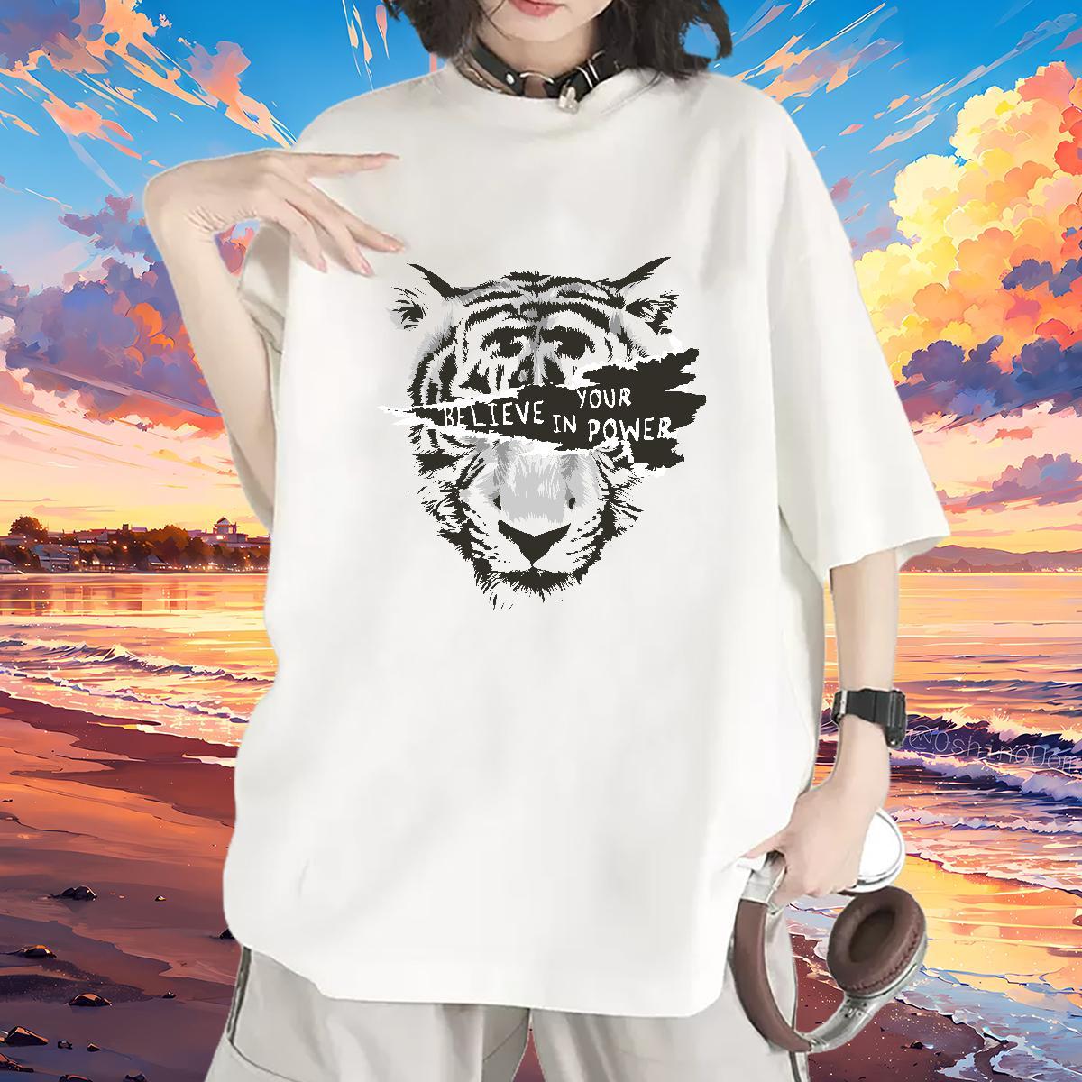 Fashion New T-Shirts O-Neck Short Sleeve 100% Cotton 230g Women Tshirts Graphic tiger Summer Casual Popular Polos