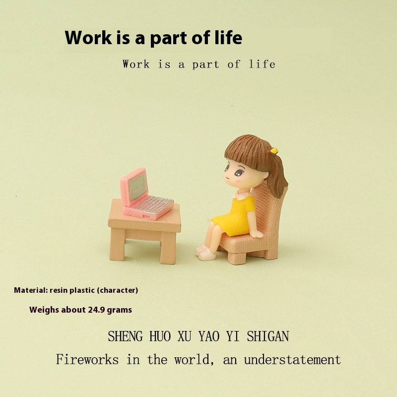 Cartoon Cute Little Girl Mini Computer Desk and Chair Micro Landscape Work Scene Baby House Accessories Home Decoration Ornament