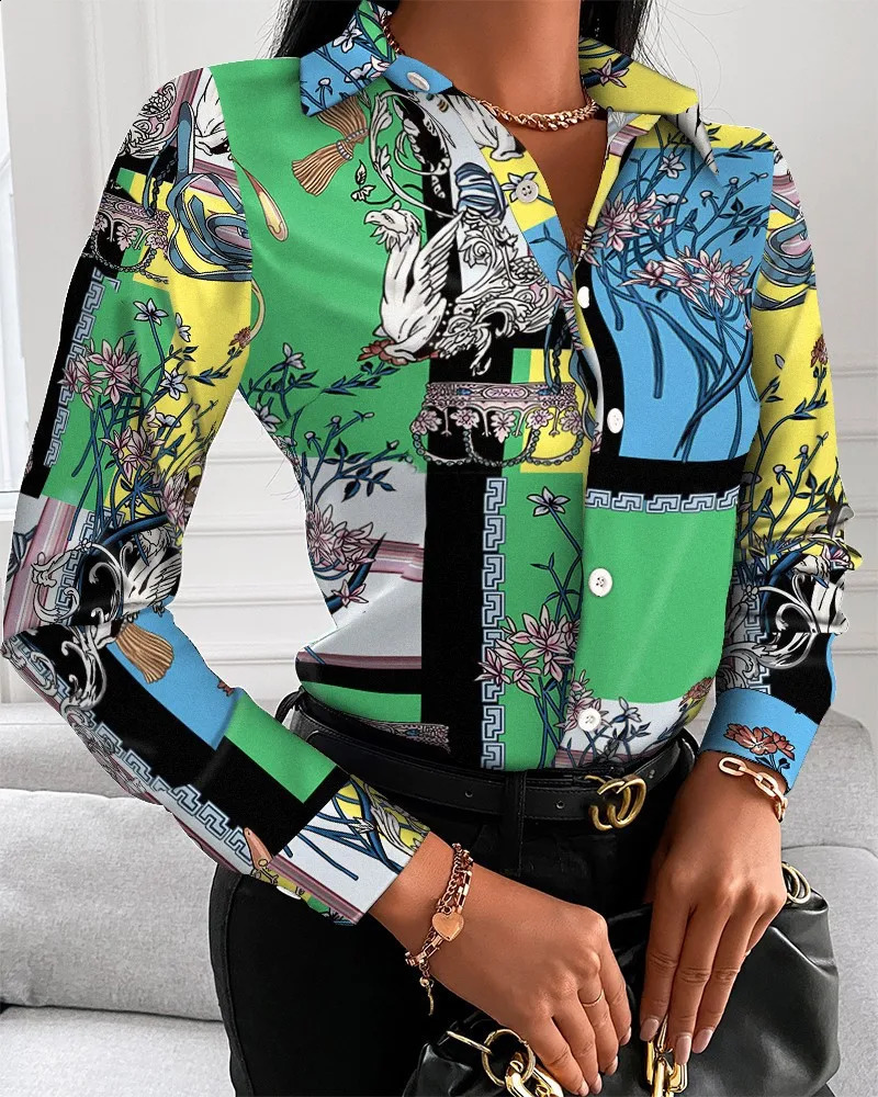 Women Fashion Wild Shirts ChainFloralLetterGeometric Square Print TurnDown Collar Long Sleeve Blouses 240821