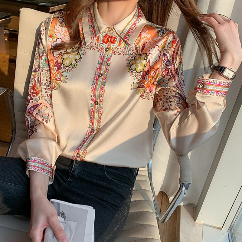 2023 Autumn Fashion Floral Print Blouse Women Satin Shirts Office Lady Elegant Tops Long Sleeve Silk Clothes 18440 240821