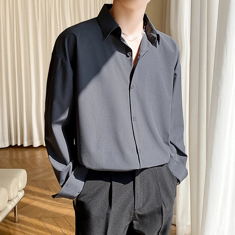 Autumn Mens Long Sleeve Shirts Fashion Korean Baggy No-iron Business Casual Elasticity Lapel Collar Shirt White Light Blue 240822
