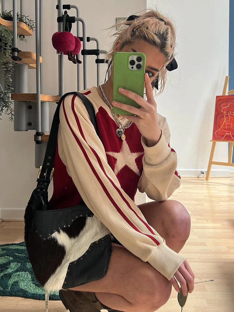 Rockmore Y2K Star Graphic Loose Sweaters Autumn Winter Harajuku Vintage Jumper Top Women Casual Long Sleeve Pullover 90s Grunge 240821