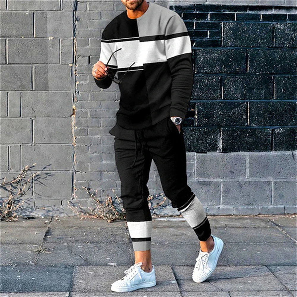 Summer 2 Piece Sets Tracksuit Men Long Sleeve T ShirtSweatpants Suit Men Streetwear Vintage Oversize Sweatshirt Mens Clothing 240821