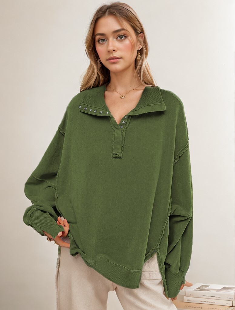 Decorative Line Design Sense Top Split Lantern Sleeve Polo Neck Sweater Coat Women's Spring and Autumn dongdumaoyi