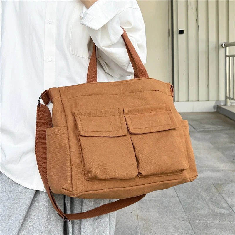 Casual Canvas School Bag For Women Versatile Large Capacity Messenger Bag Female Military Green Travel Shoulder Handbag Tote Bag 240821