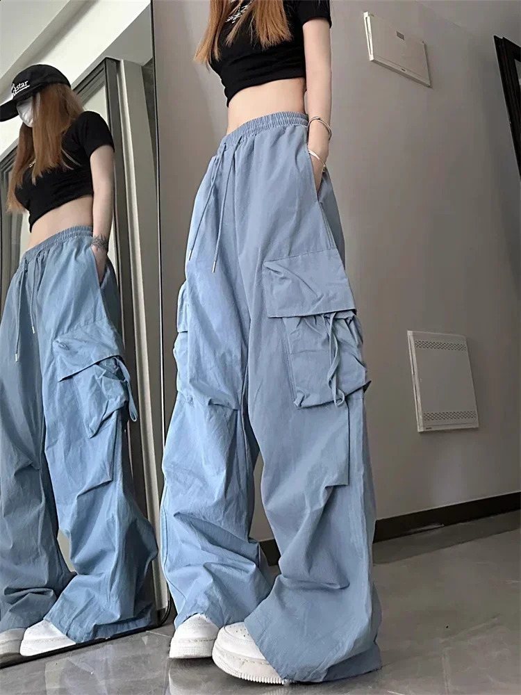QWEEK Y2K Beige Cargo Pants Woman Streetwear Hip Hop Black Parachute Trousers Oversized Korean Fashion Wide Leg Pink Sweatpants 240821
