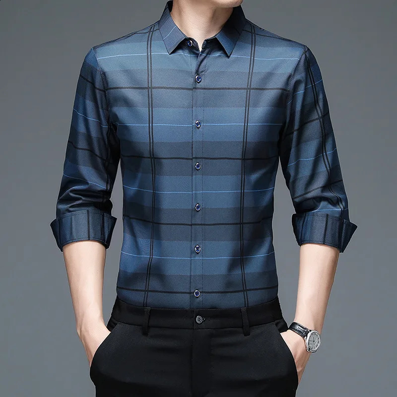 Spring Autumn Plaid Polo Shirt Mens Long Sleeve Shirts Casual Fashion Business Shirts Male Formal Top 240822