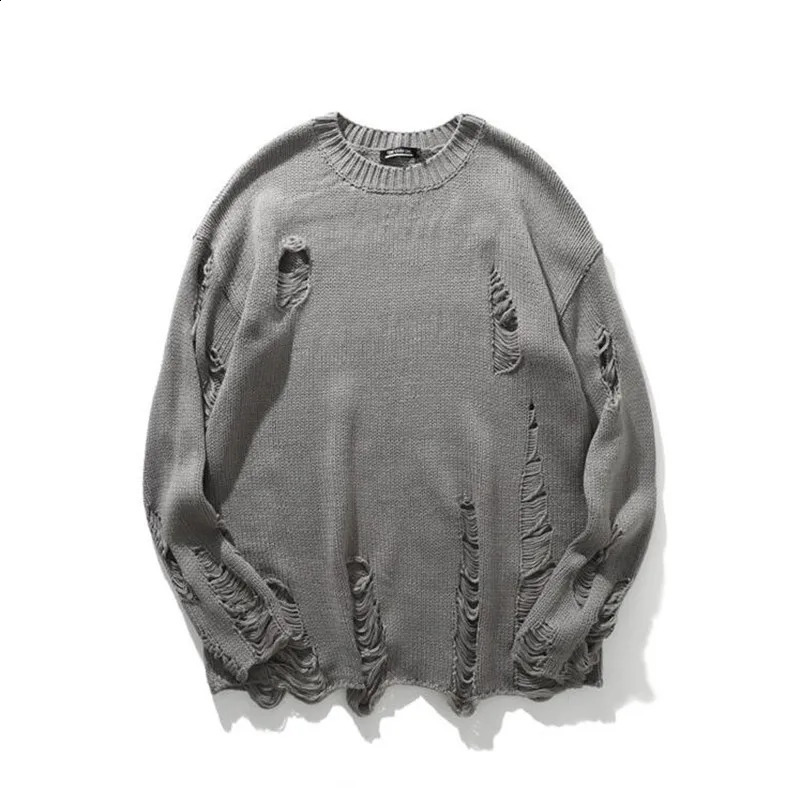 Autumn winter men fashion ripped destroyed holes sweater vintage loose pullover women couple stripe oversize punk hip hop jumper 240821