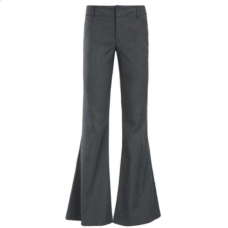 Rapcopter Grey Low Waist Pants Pockets Slim Flare Trousers Women Vintage Basic Casual Office Ladies Pants Harajuku 240821