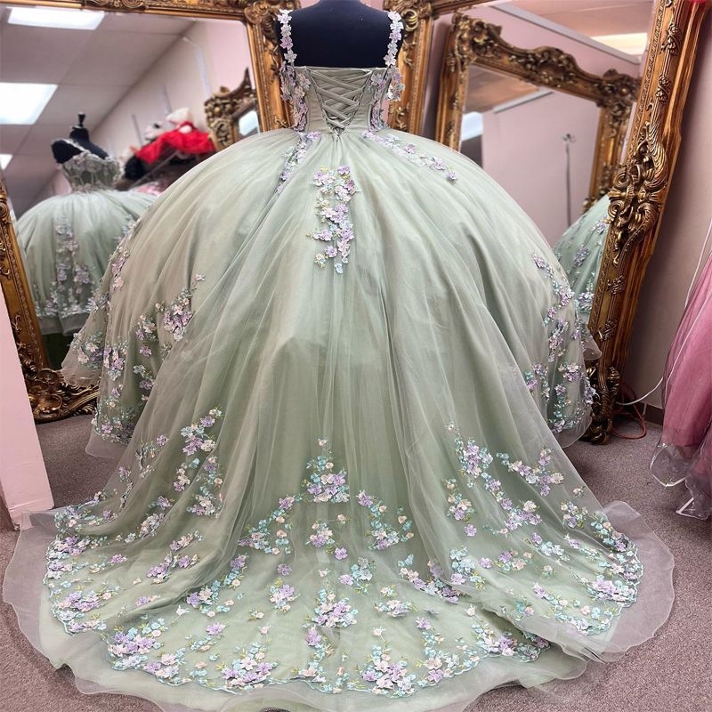 Sage Green Sweetheart Quinceanera Dresses Ball Gown 3D wers Applique Tull Puffy Dress Sweet 16 Birthday Debut vestido de charra 15 anos
