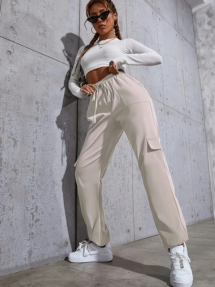 Women Casual Overalls Solid Elastic Waist Pants Drawstring Wide Leg Baggy Trousers Y2k Streetwear Oversize Sweatpants 240821