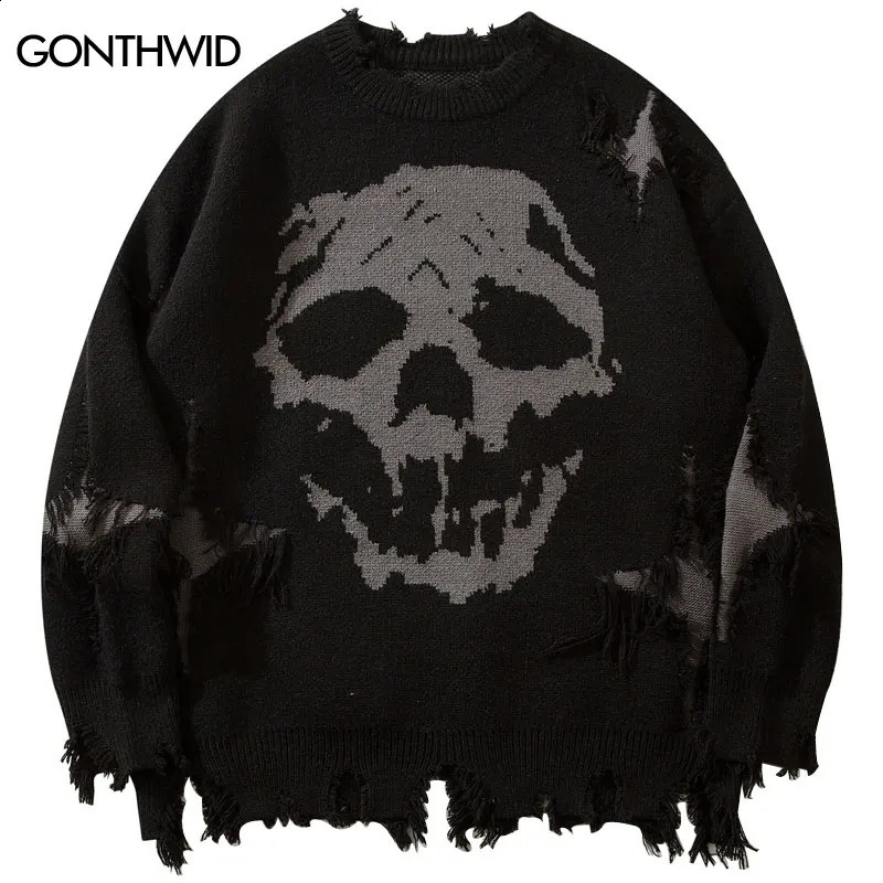 Hip Hop Sweaters Y2K Grunge Knitted Skull Skeleton Ripped Holes Punk Gothic Jumpers Streetwear Men Vintage Baggy Pullover Black 240821