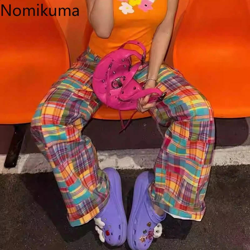 Y2k Wide Leg Pants for Women Bottoms Fashion Rainbow Plaid Trousers High Waist Straight Casual Summer Pantalon Femme 240821