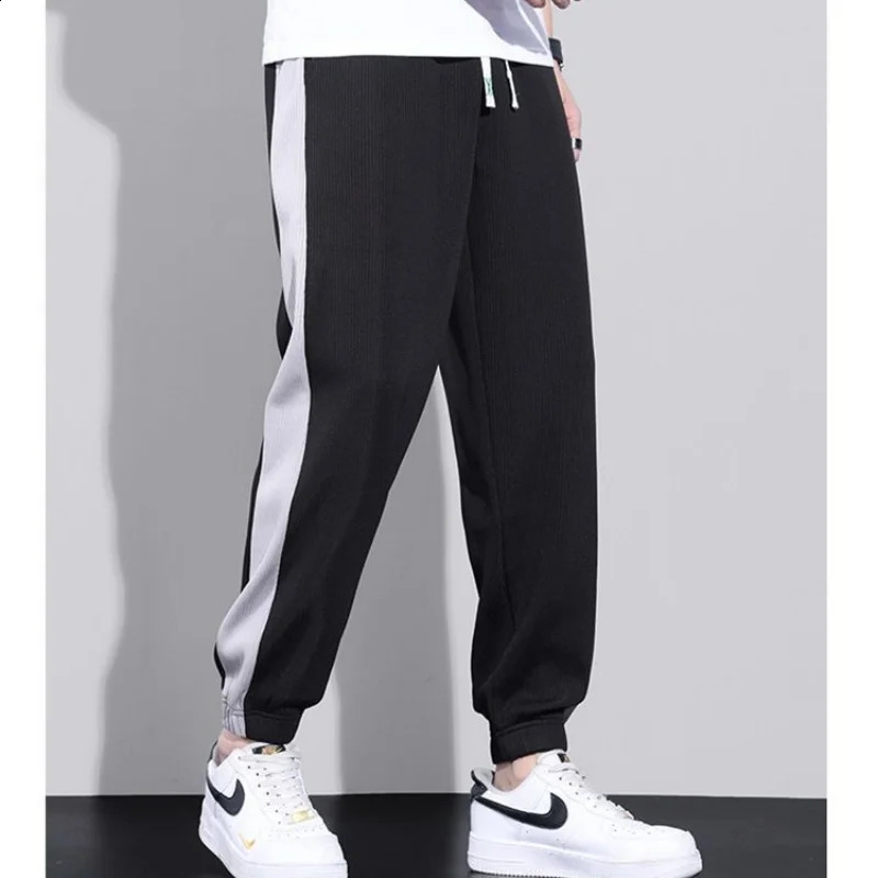 Versatile Street Thin Loose Breathable Sports Casual Pants Mens Trendy Pockets Patchwork Contrast Drawstring Straight Trousers 240822