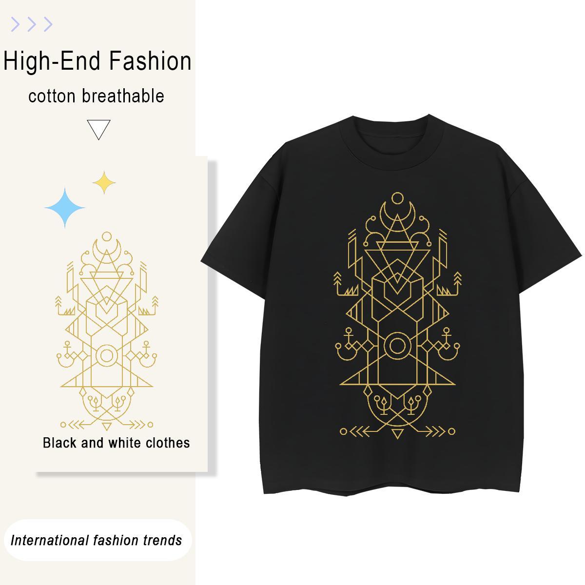 Free Shipping Unisex Tshirts 100% Cotton 230g Geometric line Sports Street Wear T-Shirts Breathable Crew Neck Skull Top Tees
