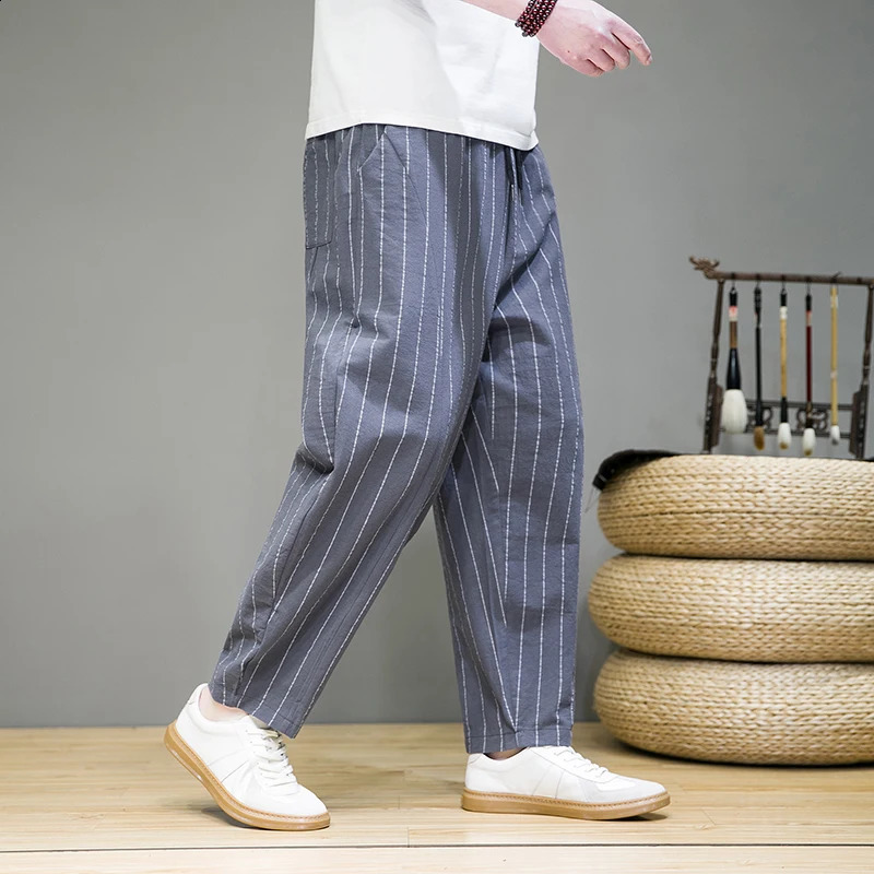 Trendy Striped Casual Pants for Men Loose Cotton Linen Pants Chinese Style Wide Legged Sweatpants Full Length Pant Trousers 240822