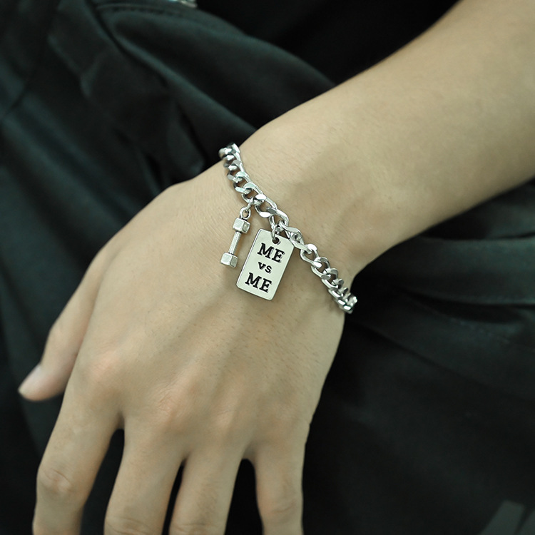 Hip hop bracelet, sports fitness dumbbell, titanium steel letter tag bracelet, unisex