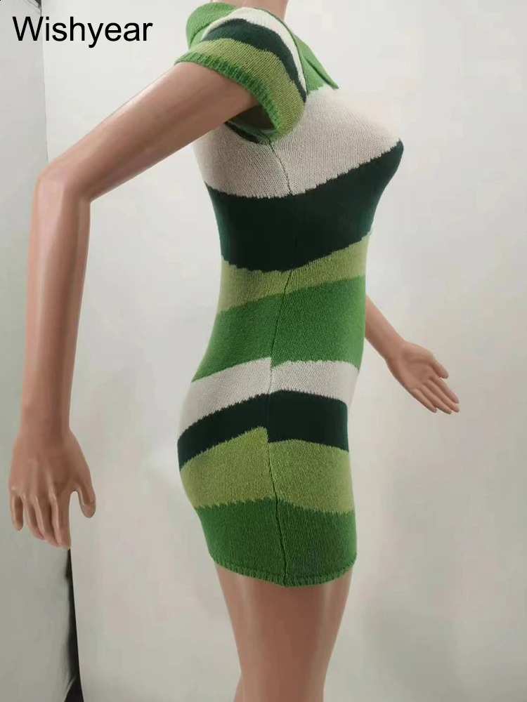 Elegant Knitted Patchwork Bodycon One Piece Rompers Women Lapel Short Sleeve Green Playsuits Sexy Night Club Birthday Overalls 240822