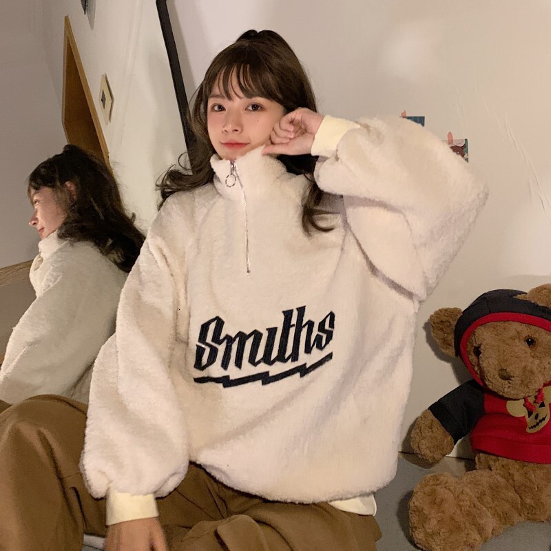 Autumn/Winter New Korean Edition Letter Lamb Plus Fleece Thickened Stand up Collar Zipper Pullover Long Sleeve Hoodie Women's Coat dongdumaoyi