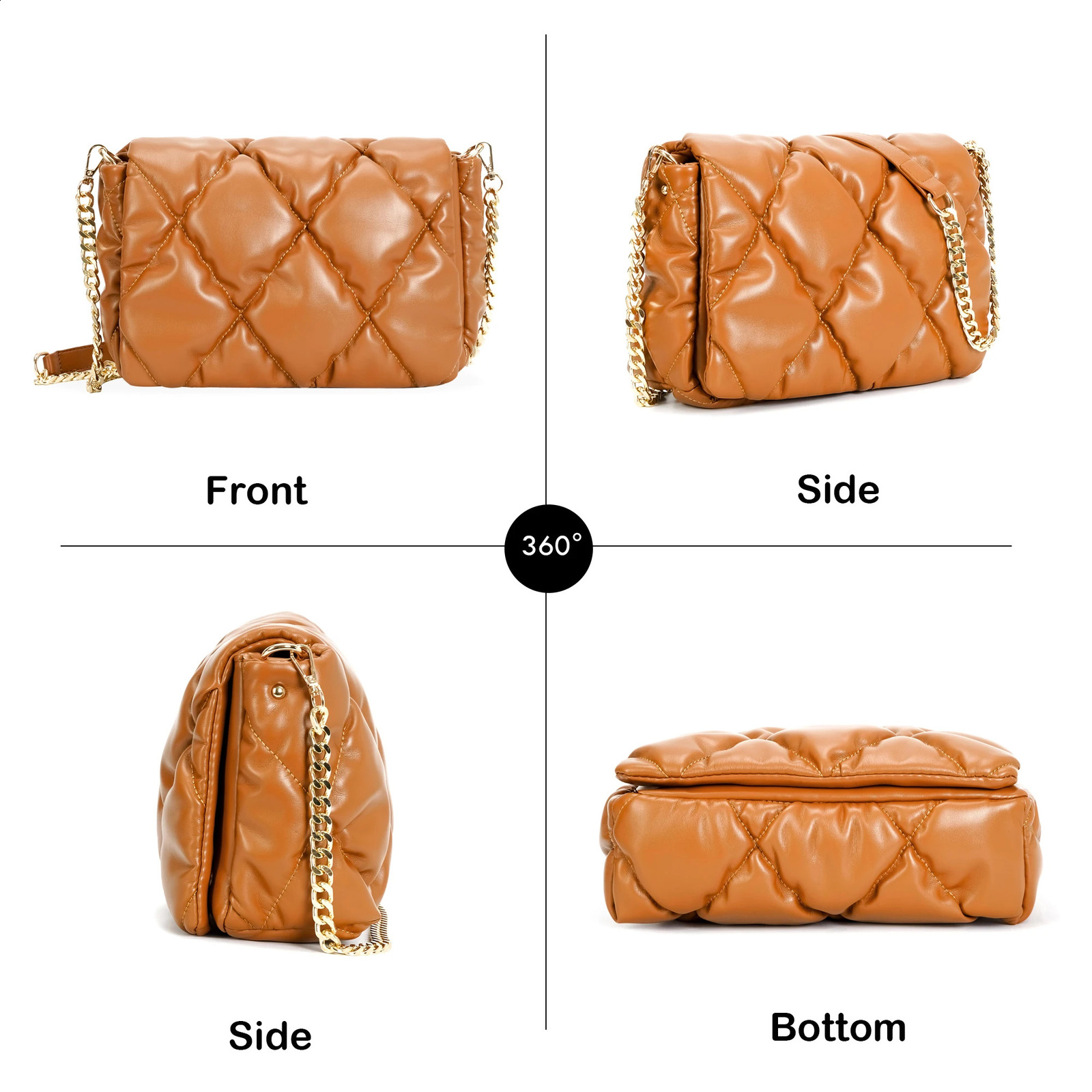 Herald Quilted Pillow Shoulder Bag for Women with y Chain Padded Puffer Puffy Trendy Ruched Crossbody Handbag Side Purse 240821