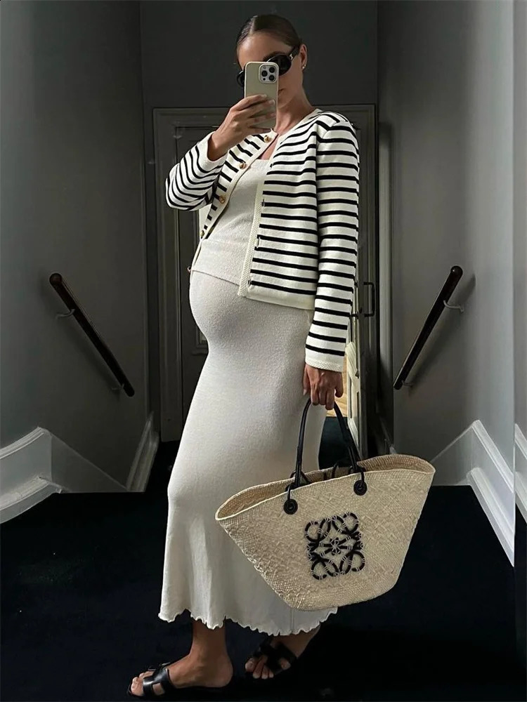 Tossy Striped Knit Sweater Cardigan Coat Female Loose Long Sleeve Fashion Slim Patchwork Contrast Outwear Summer Knitwear Coat 240822