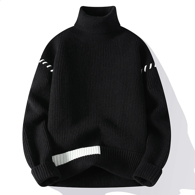 Fashion Youthful Vitality Mens Turtleneck Sweater Autumn Winter Loose Casual Knitted Pullovers Men Warm Patchwork Knitwear 240821