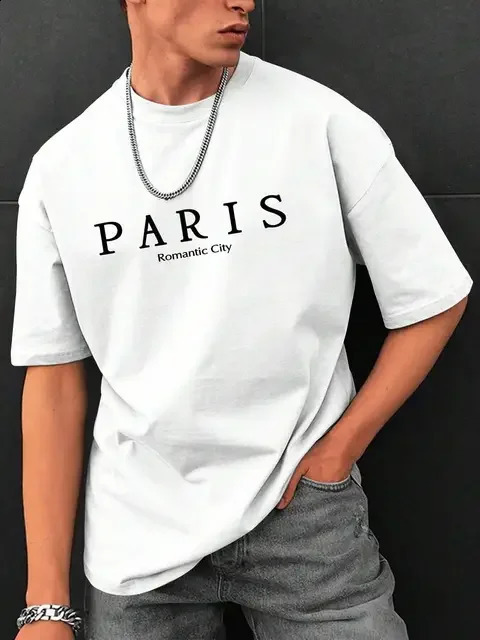 Paris Romantic City Letter Printed Tshirt Mens Summer Loose Clothing Cotton Oversized Street Soft Top 240822